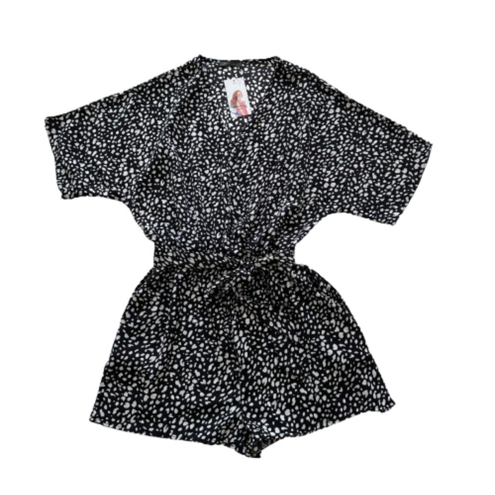 Pretty Garden Romper Black White Print V-Neck 1/2 Sleeve Belted Pocket Large NEW - Picture 13 of 13